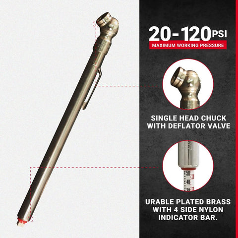 Milton S-925 pencil tire pressure gauge, brass body with built-in deflator valve (side view)