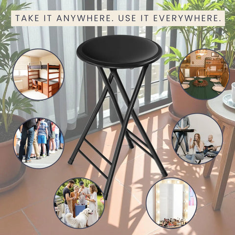 Backless Folding Stool, 24-Inch Tall, 225Lb Capacity, Handy Indoor Counter Bar Stool For Kitchen Or Rec Room, Black