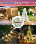 Outdoor Christmas and party decorations including reindeer, fairy lights, balloon arch, and illuminated Christmas tree.