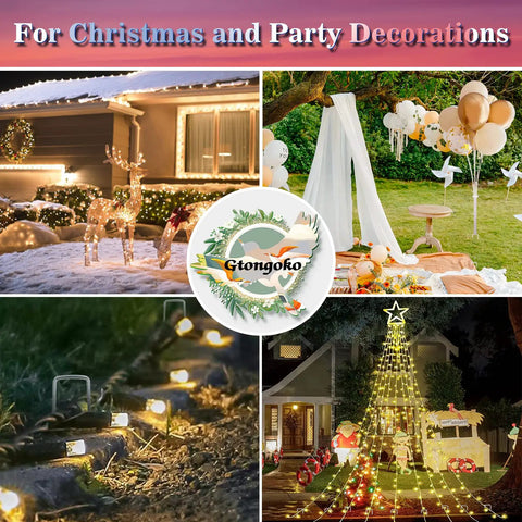 Collage of Christmas and party decorations with outdoor lights and festive setups around a house and garden.