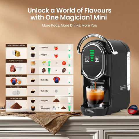 Mini Espresso Machine With All In One Pod Adapters For Nespresso Original Dolce Gusto Lavazza Blue ESE Pods And Ground Coffee No Fuss 19 Bar Pressure Adjustable Temperature And Cup Size Compact Coffee Maker With 21oz Reservoir