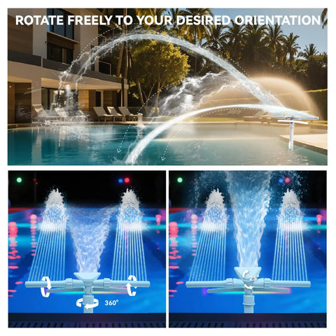 Pool Fountain With Lights For Above Ground And Inground Pools Dual Layer Spray Solar Powered Waterfall Sprinkler Chiller And Aerator Outdoor Swimming Pool Water Feature Accessory In Light Gray with adjustable spray showcasing poolside installation.