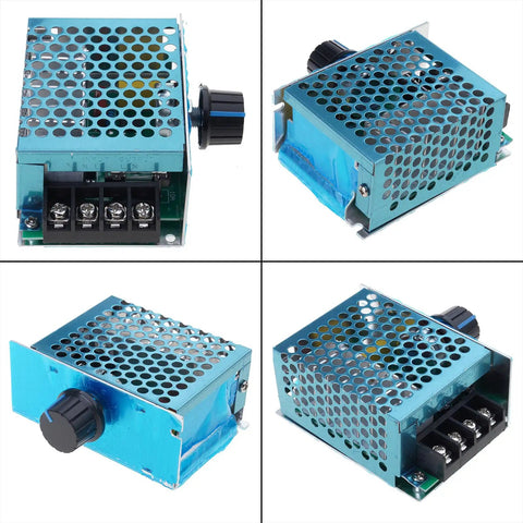 Rock Solid 4000W Voltage Stabilizer And Regulator For Home Workshop, blue metal housing with terminal block and adjustment knob