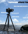71 Inch Aluminum Camera Tripod Stand With Wireless Remote and Phone Holder set up on rocky beach with DSLR camera, highlighting features.