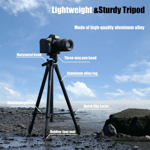 71 Inch Aluminum Camera Tripod Stand With Wireless Remote and Phone Holder set up on rocky beach with DSLR camera, highlighting features.