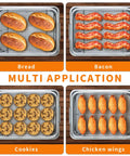 Stainless Steel Air Fryer Basket and Crisper Tray 13x9.6 Inch 2-Piece Set for Oven with bread, bacon, cookies, chicken wings.