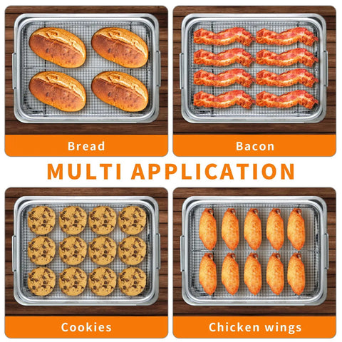 Stainless Steel Air Fryer Basket and Crisper Tray 13x9.6 Inch 2-Piece Set for Oven with bread, bacon, cookies, chicken wings.