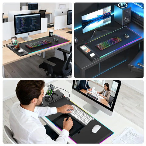 RGB Wireless Charging Gaming Mouse Pad With Dual 15W Fast Chargers Ultra Smooth Surface Non Slip Desk Mat With Phone Earbuds And Watch Charging Zones Ideal For Gamers And Home Office Setups in use on a desk