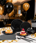 Fresh Black Disposable Plates 350 Piece Heavy Duty Food Grade Plastic Party Essentials For Weekend Ragers And Halloween Parties Straight Top Shelf Vibes displayed with dessert and party decor.