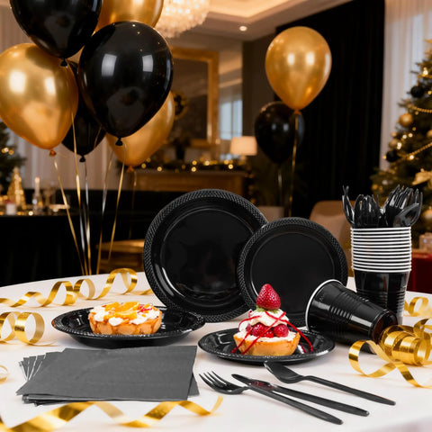 Fresh Black Disposable Plates 350 Piece Heavy Duty Food Grade Plastic Party Essentials For Weekend Ragers And Halloween Parties Straight Top Shelf Vibes displayed with dessert and party decor.