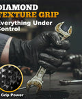 TitanFlex heavy-duty black nitrile glove (XL) front view, gripping a wrench, diamond texture grip.