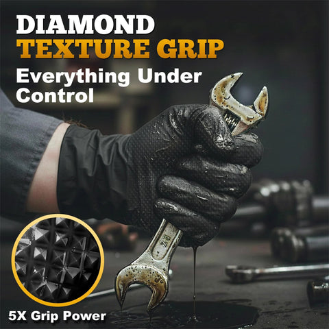 TitanFlex heavy-duty black nitrile glove (XL) front view, gripping a wrench, diamond texture grip.