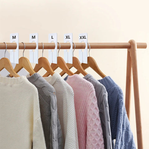 40 Pack Preprinted Rectangular White Closet Rack Dividers In 8 Sizes XXS Through XXXL, Double Sided, 2.5 By 5 Inches, Inner Diameter 1.38 Inches, Ready To Use Hanger Friendly Organizer