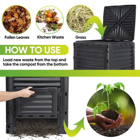 80 Gallon Outdoor Compost Bin With Top Flip Lid Includes Gloves Large Aerating Garden Box For Yard Waste Easy Exit Door BPA Free Material Black Turns Scraps Into Rich Compost Fast