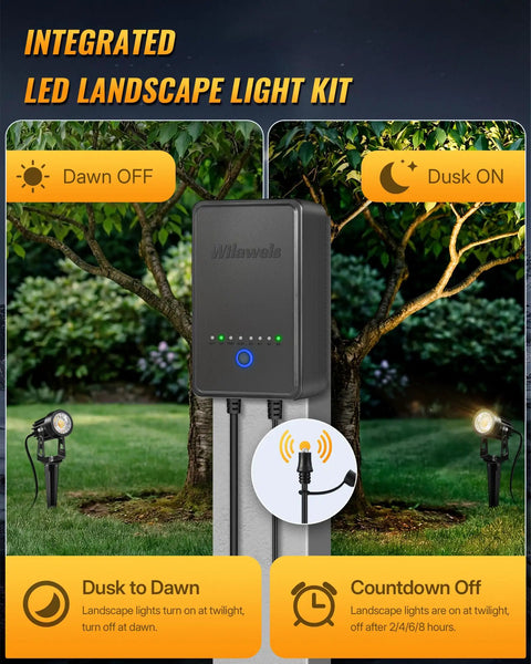 All In One LED Low Voltage Landscape Lighting Kit With 12 Aluminum 3W Lights 60W Transformer 100ft Cord And 24 Connectors Weatherproof 3000K Outdoor Spotlights dusk to dawn feature