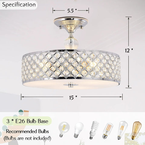 Crystal Chrome Ceiling Light Fixture With 3 Lights Flush Mount Round 15 Inch Chandelier for modern dining and living spaces.