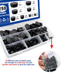 250 Piece Nylon Hole Plugs Set In 8 Sizes 1/4 To 1 Inch in a clear storage box