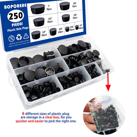 250 Piece Nylon Hole Plugs Set In 8 Sizes 1/4 To 1 Inch in a clear storage box