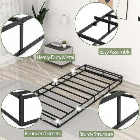 Twin Box Spring 5 Inch Low Profile Heavy Duty Metal Support Offers Legit Stability And Zero Squeaks For Your Twin Mattress With A Protective Cover Featuring heavy duty metal and a sturdy structure.