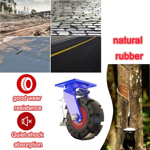 Rock Solid Heavy Duty Rubber Casters With Sure Grip Brakes Quiet Industrial Caster Wheels 2 Pack shown on various surfaces.