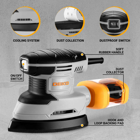 Detail Sander For Precise Handheld Work 1.5A Mouse Palm Corded Sander With Slick Dust Collection close-up showing features