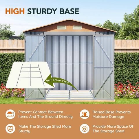 Durable 10 By 8 Ft Metal Storage Shed With Floor Frame Lockable Doors Vent Panels And Window Matte Gray Finish open view.