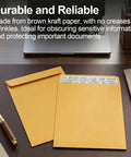 25 Pack Manila Self Seal Envelopes 9x12 Catalog Mailers With Kraft Finish on desk near a laptop and letter opener.