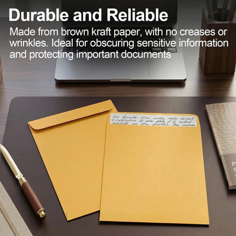 25 Pack Manila Self Seal Envelopes 9x12 Catalog Mailers With Kraft Finish on desk near a laptop and letter opener.