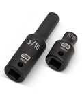 Two 3/16 inch sockets from 48 Piece Quarter Inch Drive 6 Point Impact Socket Set Standard And Deep SAE And Metric Manganese Phosphate finish.