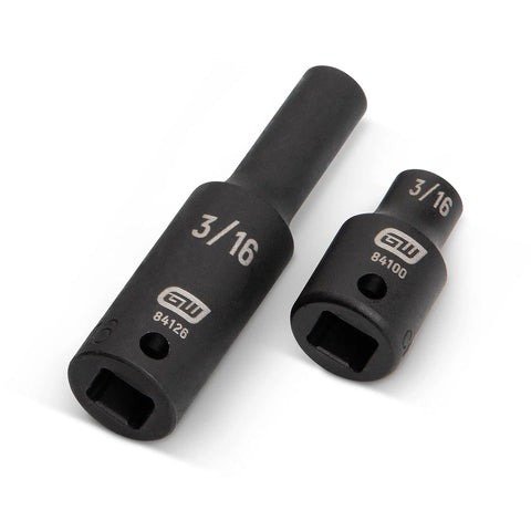 Two 3/16 inch sockets from 48 Piece Quarter Inch Drive 6 Point Impact Socket Set Standard And Deep SAE And Metric Manganese Phosphate finish.