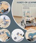Dad Approved Solid Wood Toddler Walker Tool Table With Interactive Building Blocks Realistic Hammer Wrench Gear Station For Growing Hands And Brainy Play Light Gray, showing gears and tools for hands-on learning.