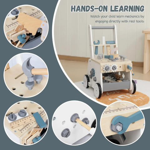 Dad Approved Solid Wood Toddler Walker Tool Table With Interactive Building Blocks Realistic Hammer Wrench Gear Station For Growing Hands And Brainy Play Light Gray, showing gears and tools for hands-on learning.