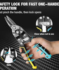 3 Piece Aviation Snips Set With 10 Inch Left Cut Straight Cut And Right Cut Tin Snips CR-V steel, shown with safety lock operation