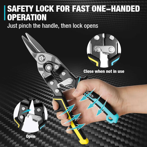 3 Piece Aviation Snips Set With 10 Inch Left Cut Straight Cut And Right Cut Tin Snips CR-V steel, shown with safety lock operation