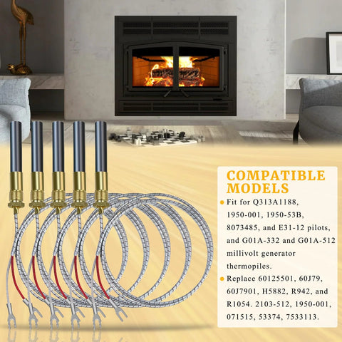 Five thermopile probes with brass fittings and braided stainless-steel wires for gas fireplaces (front view)