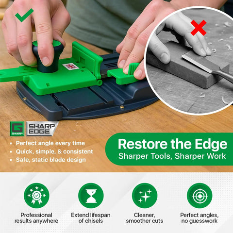 High Octane Adjustable Chisel Sharpener With Four Diamond Honing Stones For Plane Irons And Woodworking Blades 22 To 90 Degree Angles Dead On Precision No Sweat Setup Killer Edge being used to sharpen a chisel.