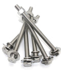 Five stainless steel 5/16-18 fully threaded hex bolts with nuts and flat and split-lock washers