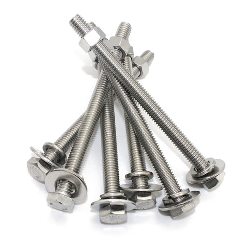 Five stainless steel 5/16-18 fully threaded hex bolts with nuts and flat and split-lock washers