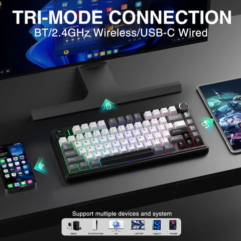 Tri Mode Wireless Gaming Keyboard With Hall Effect Magnetic Switches And Huge 4000mah Battery For Killer Responsive Action In Competitive Pc Gaming, shown on a desk with a smartphone and tablet.