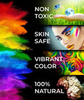 Vibrant colorful powders and text: Non-Toxic, Skin Safe, Vibrant Color, 100% Natural; promoting crafting materials.