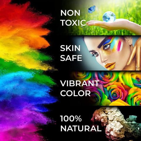 Vibrant colorful powders and text: Non-Toxic, Skin Safe, Vibrant Color, 100% Natural; promoting crafting materials.