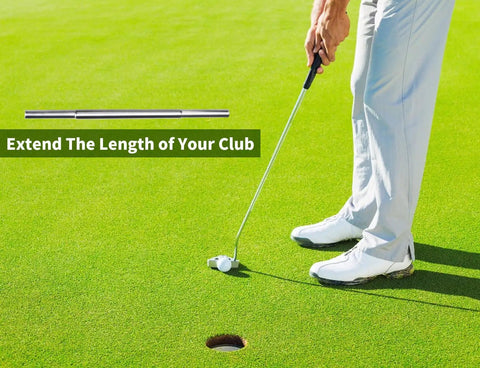 Golfer with putter next to hole, displaying 5 Piece Golf Club Extensions Steel Shaft Length Extension Kit For Irons inset, Silver.
