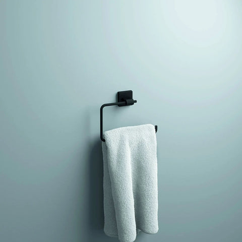 Matte Black Hand Towel Holder Ring for Kitchen or Bath, No Fuss Mount, Corrosion Resistant Finish, with towel displayed