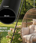 Heavy Duty Free Standing Hammock Chair Stand With Anti Slip Foot Pads And Two Carabiners For Indoor And Outdoor Kick Back Relaxation Sturdy Four Side And Rear Crossbar Frame Supports Up To 330 Pounds Black with wicker chair and cushion