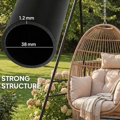 Heavy Duty Free Standing Hammock Chair Stand With Anti Slip Foot Pads And Two Carabiners For Indoor And Outdoor Kick Back Relaxation Sturdy Four Side And Rear Crossbar Frame Supports Up To 330 Pounds Black with wicker chair and cushion