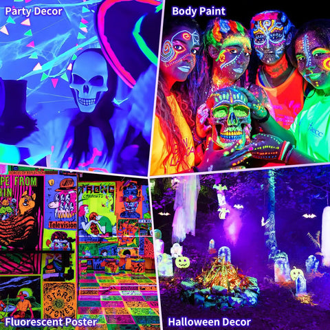 Beast 100W LED Black Light Bar IP66 illuminating party decor, body paint, fluorescent posters, and Halloween setups.