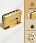 Brass Shower Door Hinge With 90 Degree Offset For Frameless Glass, Gold finish, heavy-duty wall mount, luxurious finish details.