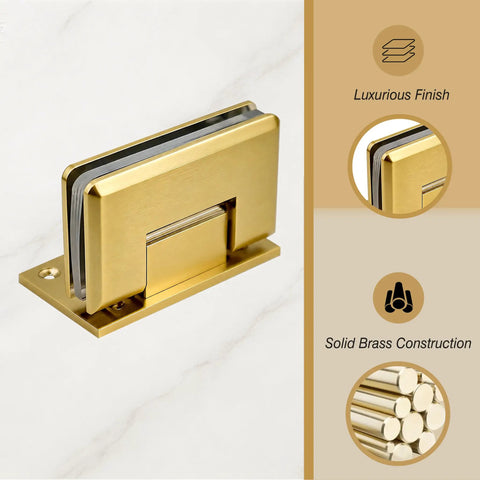 Brass Shower Door Hinge With 90 Degree Offset For Frameless Glass, Gold finish, heavy-duty wall mount, luxurious finish details.