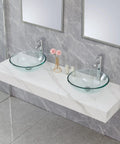 Round Tempered Clear Glass Bathroom Vessel Sink Basin With Faucet And Pop Up Drain Modern Minimalist Vanity Accent Bright Clear Glass 16.7 Inch Diameter Durable Easy Clean Glass Fits Standard Countertop on white marble vanity