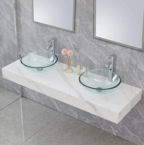 Round Tempered Clear Glass Bathroom Vessel Sink Basin With Faucet And Pop Up Drain Modern Minimalist Vanity Accent Bright Clear Glass 16.7 Inch Diameter Durable Easy Clean Glass Fits Standard Countertop on white marble vanity